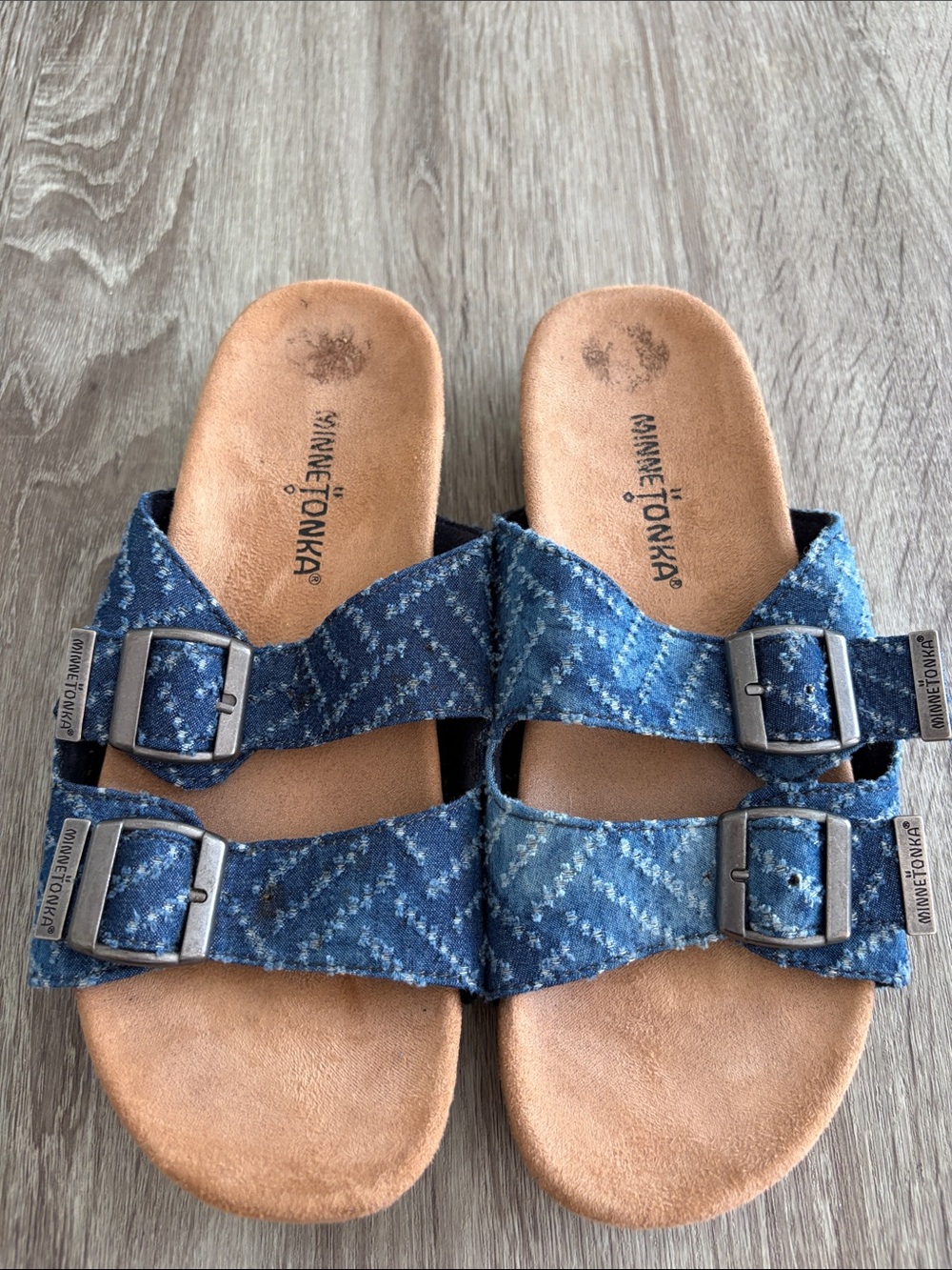 Minnetonka Blue Patterned Double-Buckle Slide Sandals